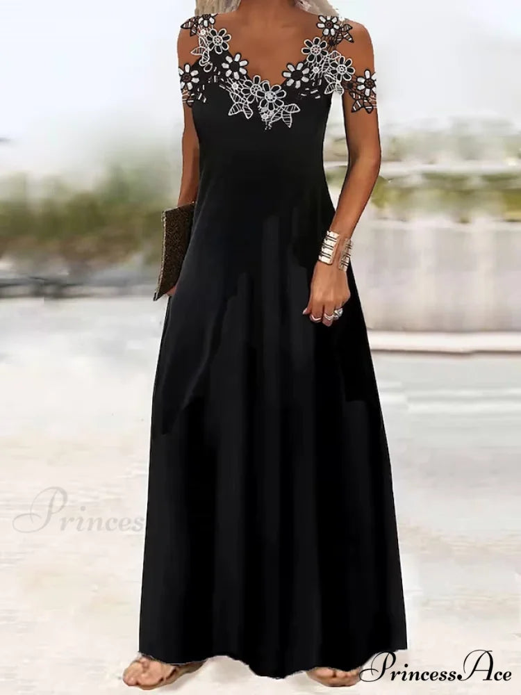 Timeless Grace Black Floral Lace Patchwork Maxi Dress