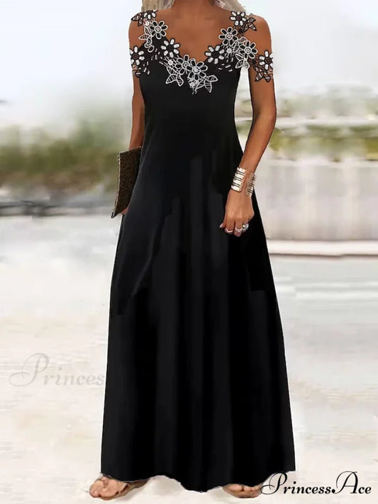 Timeless Grace Black Floral Lace Patchwork Maxi Dress