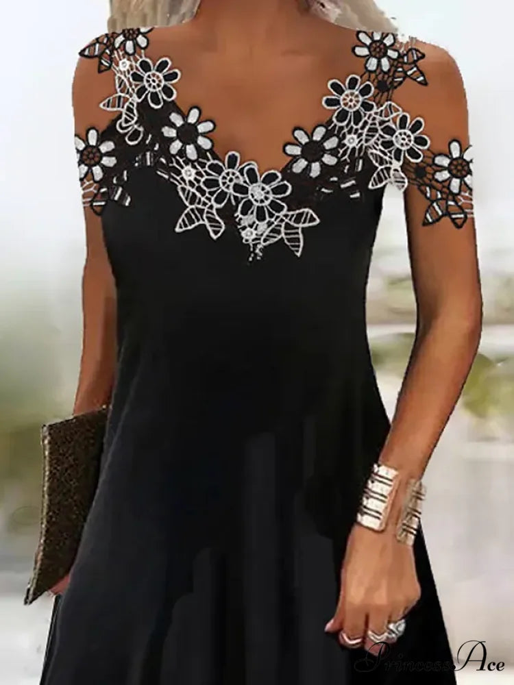 Timeless Grace Black Floral Lace Patchwork Maxi Dress