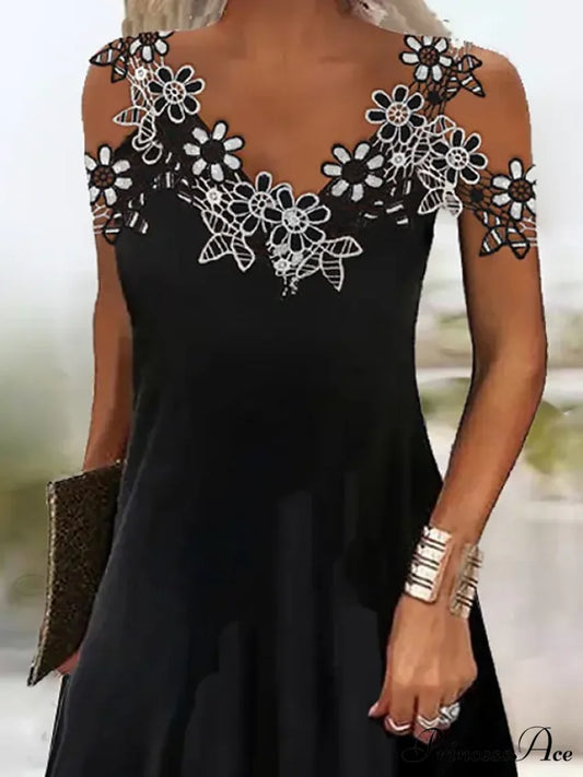 Timeless Grace Black Floral Lace Patchwork Maxi Dress