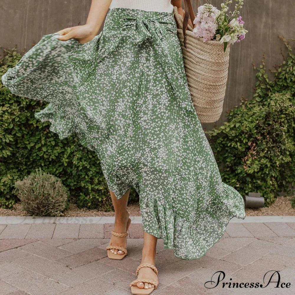 Tiny Blossom Frill Korean Fashion Tall Waist Swing Extended Skirt Green / S skirt-250126