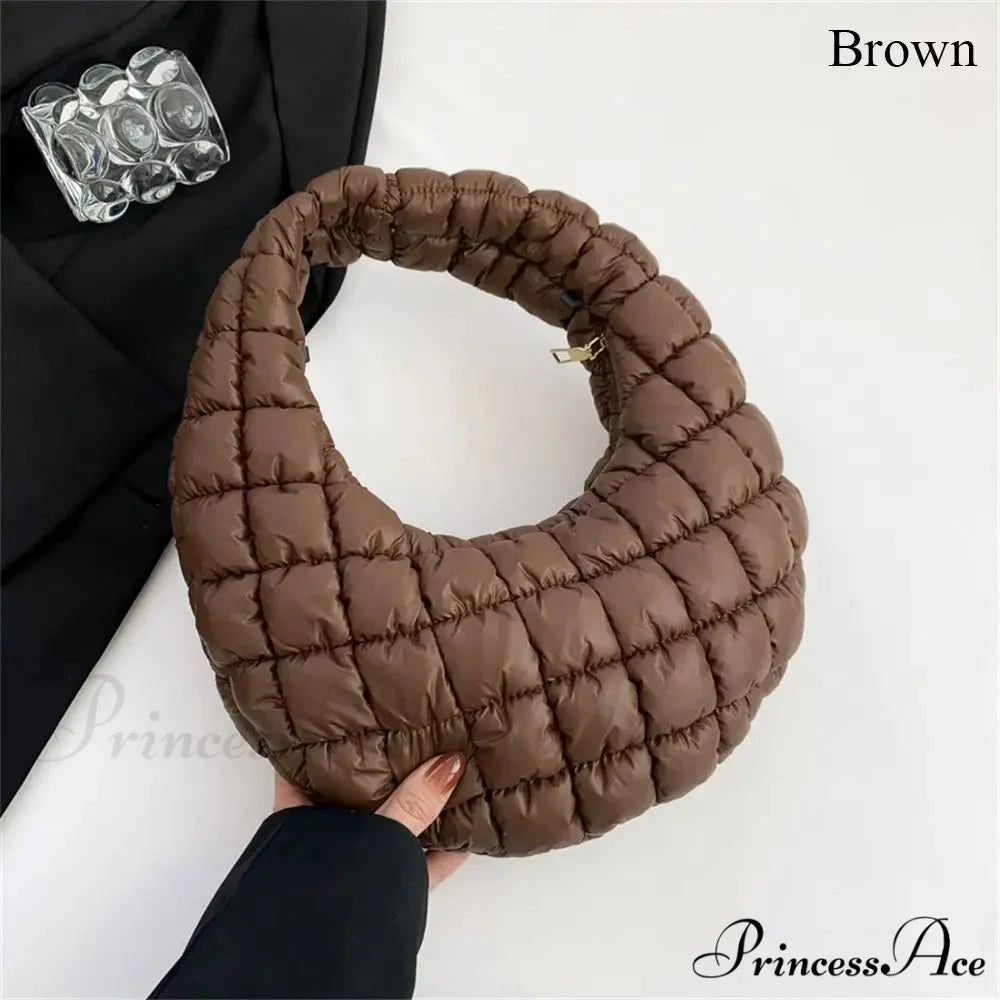 Tiny Quilted Tote Cotton Padded Shoulder Purse Brown handbag-250126