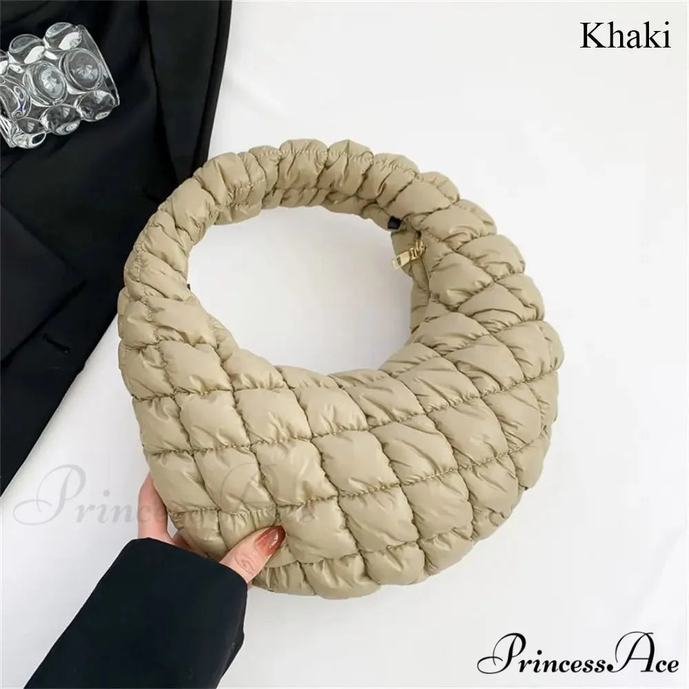 Tiny Quilted Tote Cotton Padded Shoulder Purse khaki handbag-250126