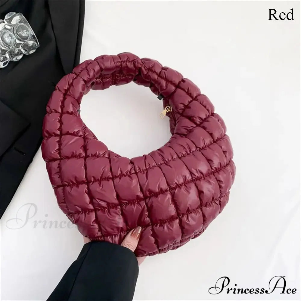 Tiny Quilted Tote Cotton Padded Shoulder Purse Red handbag-250126