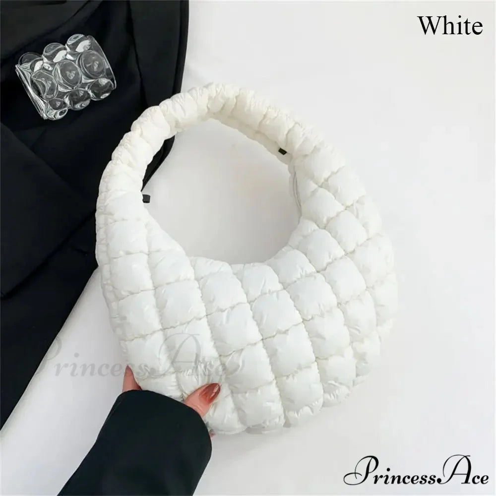Tiny Quilted Tote Cotton Padded Shoulder Purse White handbag-250126