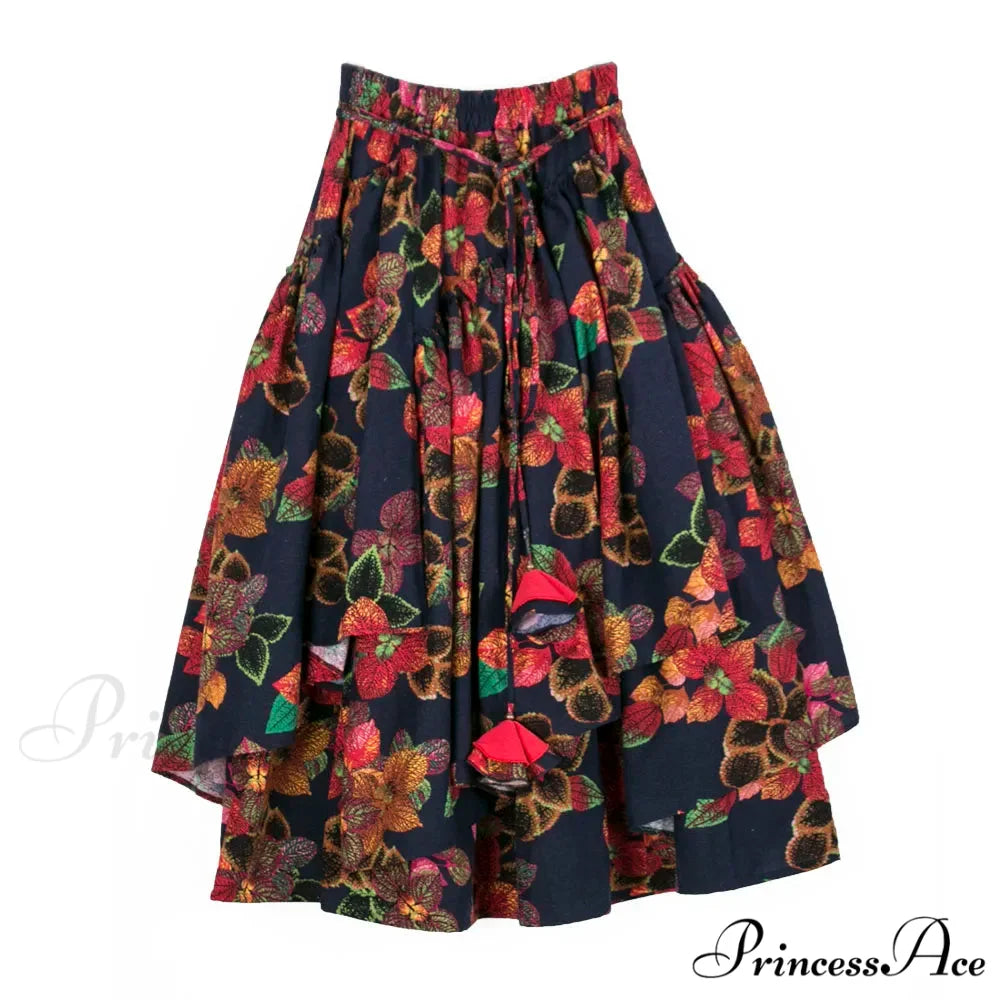 TIYIHAILEY Flower Pattern Long Skirt Stretchy Waist Cotton Linen as photos / S skirt-250126
