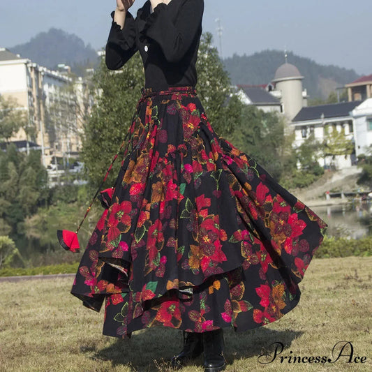 TIYIHAILEY Flower Pattern Long Skirt Stretchy Waist Cotton Linen Navy blue / S skirt-250126