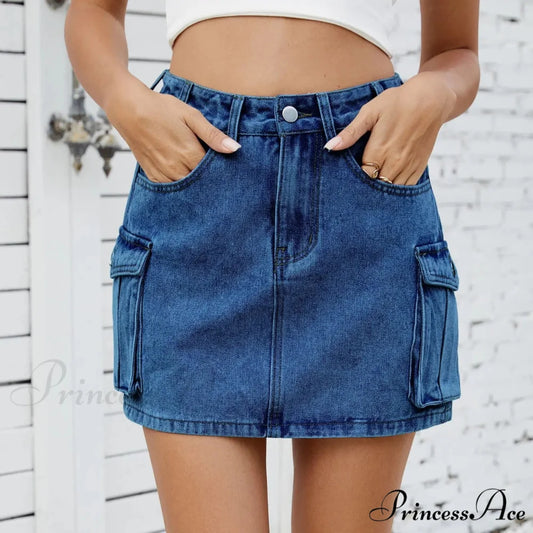Tooling Pocket Cleansed Denim Skirt Dark Blue / S skirts-250223