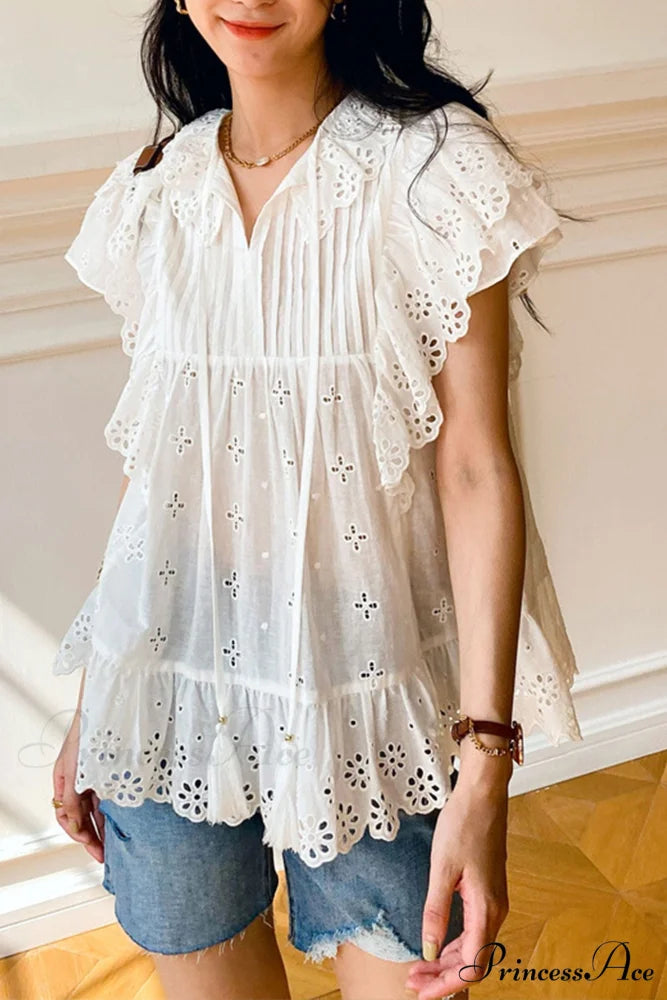 Top Arm Lace White with Ruffles Embroidery White / L
