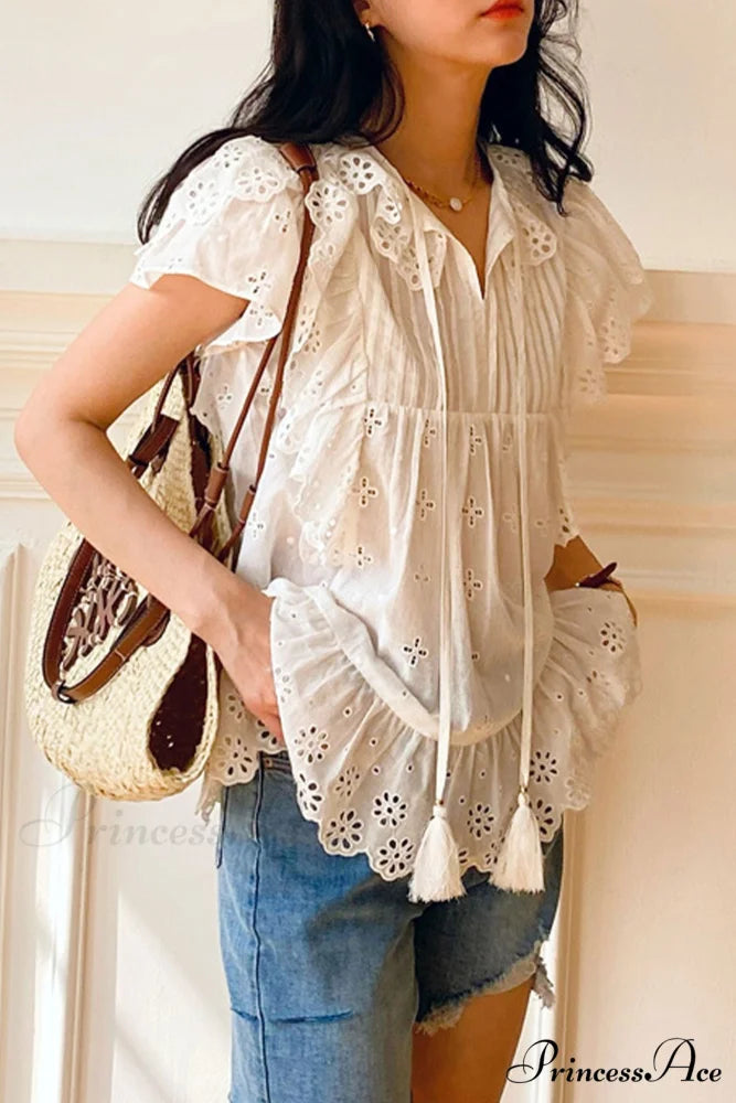 Top Arm Lace White with Ruffles Embroidery White / M