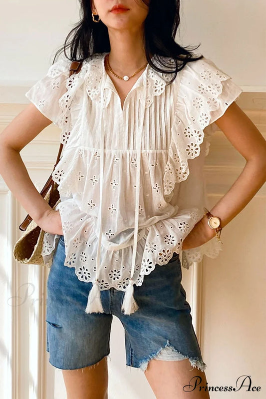 Top Arm Lace White with Ruffles Embroidery White / S