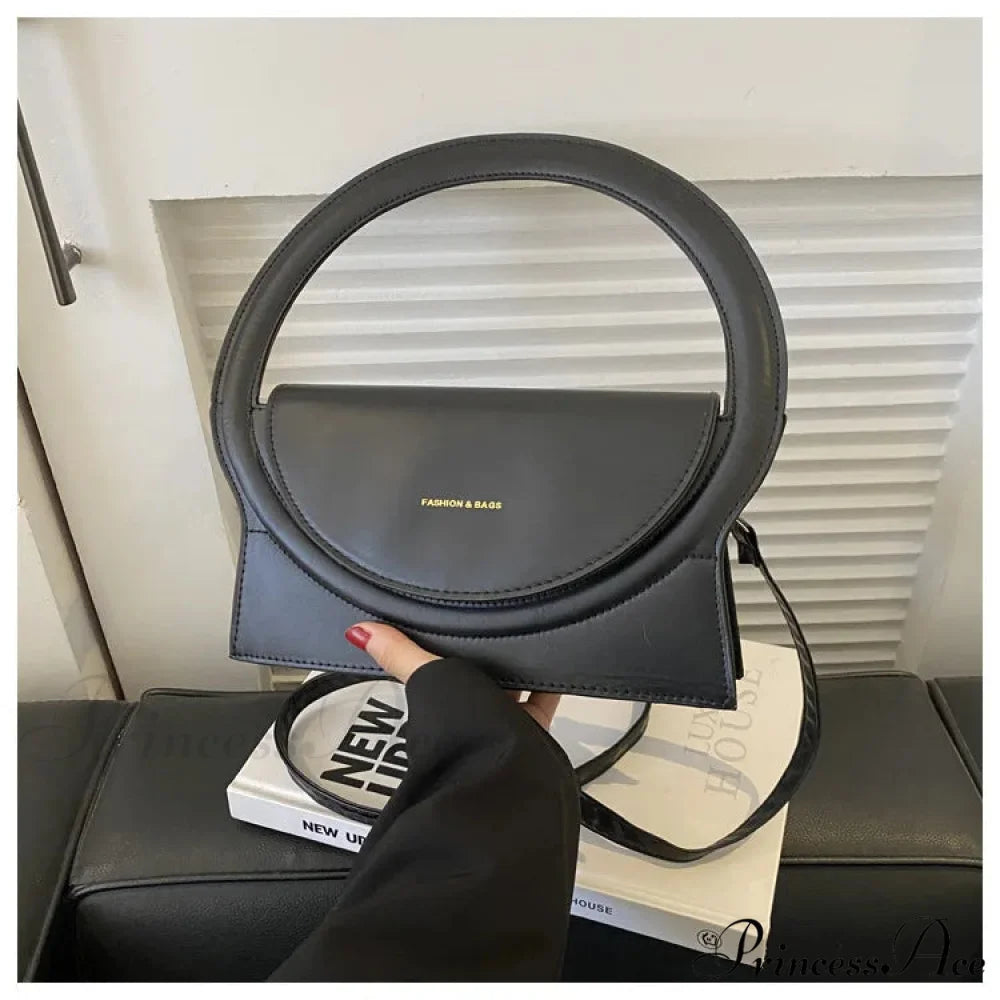 Top Brand Circular Grip High-End Leather Crossbody Purse Black handbag-250126