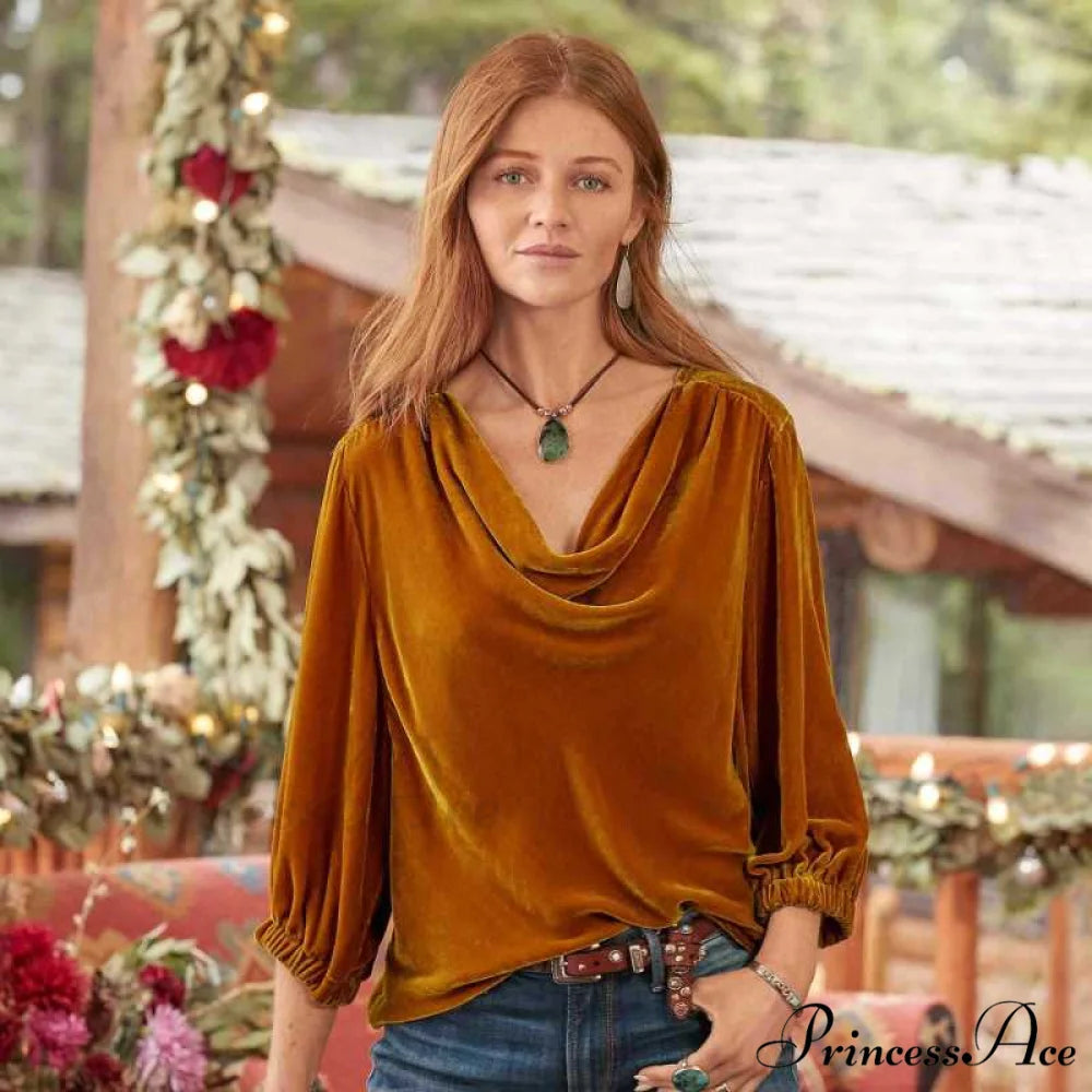 Top Gold Neckline Velvet for with Plunging Sleeves Three-Quarter Women Orange / S