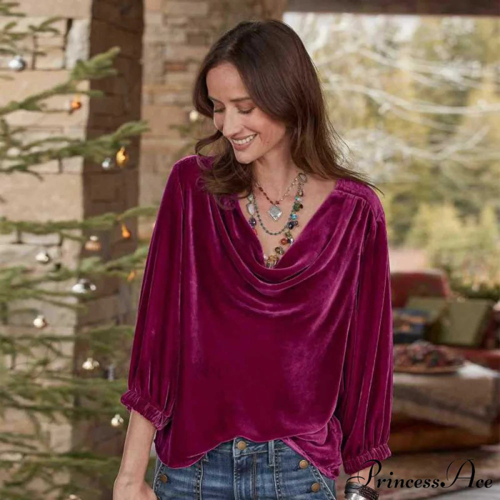 Top Gold Neckline Velvet for with Plunging Sleeves Three-Quarter Women Rose / S