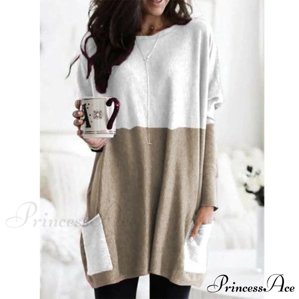 Top Long Arm T-Shirt Size Casual Women’s Plus Pocket Blouse Khaki / S