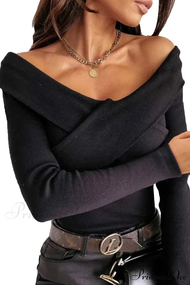 Top - Ribbed Casual Arm V Neck Crossed Long Black