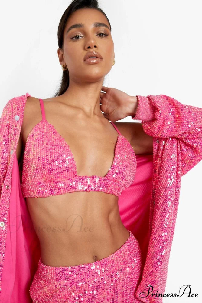 Top Sequin Blouse Sparkly and Pants Women Party Blouse Set Suit Two-Piece for - Outfit