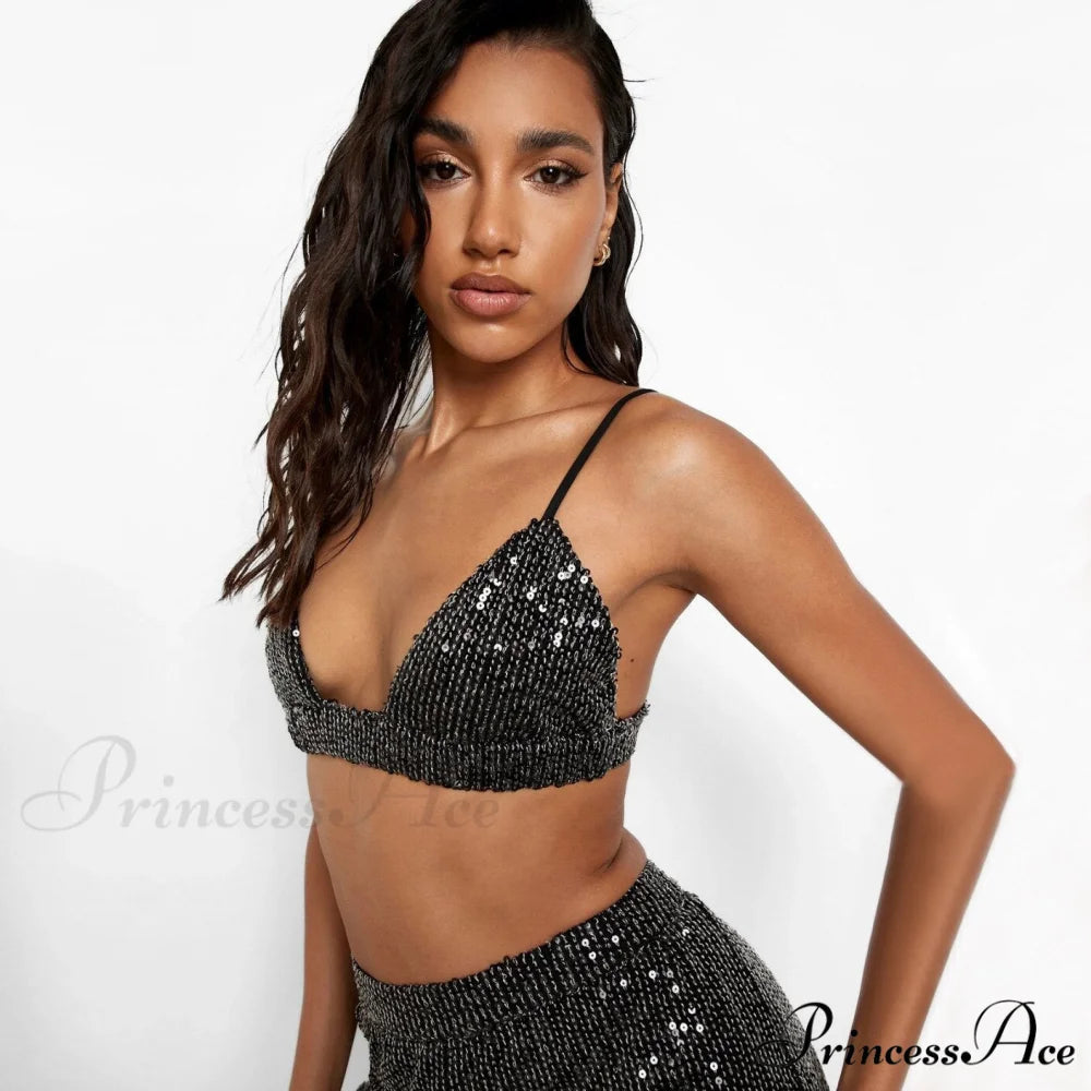 Top Sequin Blouse Sparkly and Pants Women Party Blouse Set Suit Two-Piece for - Outfit
