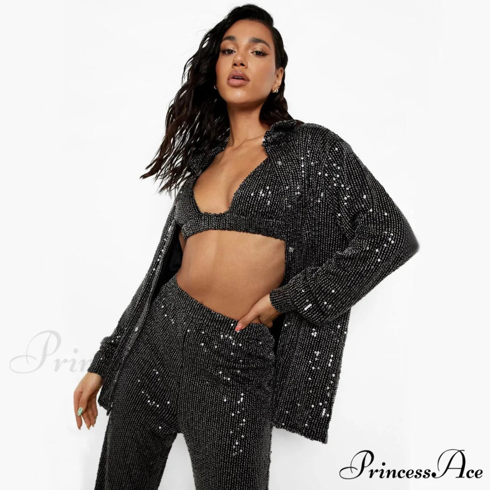 Top Sequin Blouse Sparkly and Pants Women Party Blouse Set Suit Two-Piece for - Outfit