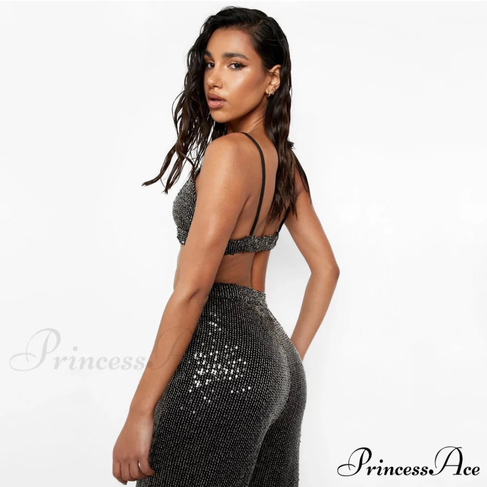 Top Sequin Blouse Sparkly and Pants Women Party Blouse Set Suit Two-Piece for - Outfit