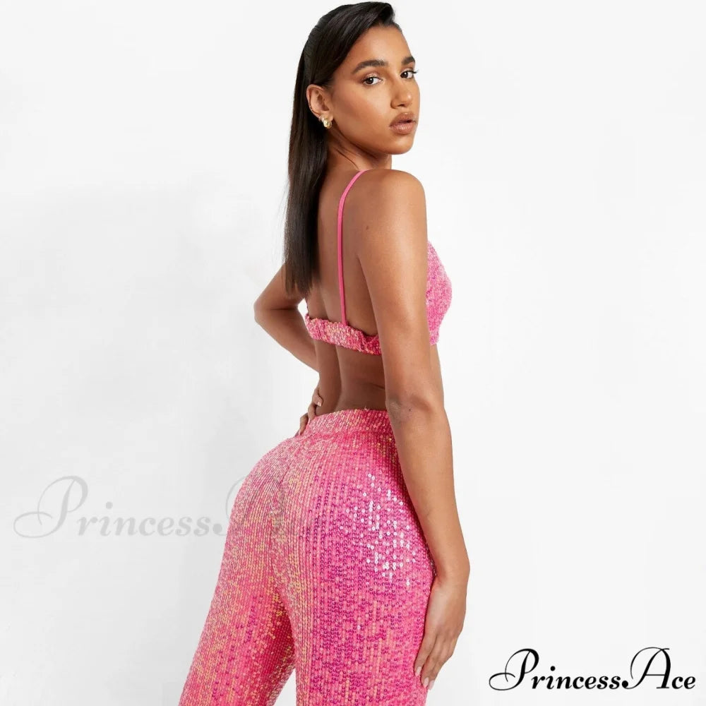 Top Sequin Blouse Sparkly and Pants Women Party Blouse Set Suit Two-Piece for - Outfit