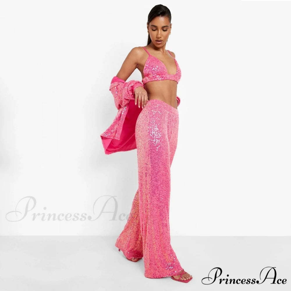 Top Sequin Blouse Sparkly and Pants Women Party Blouse Set Suit Two-Piece for - Outfit