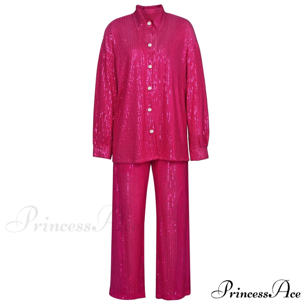 Top Sequin Blouse Sparkly and Pants Women Party Blouse Set Suit Two-Piece for - Outfit