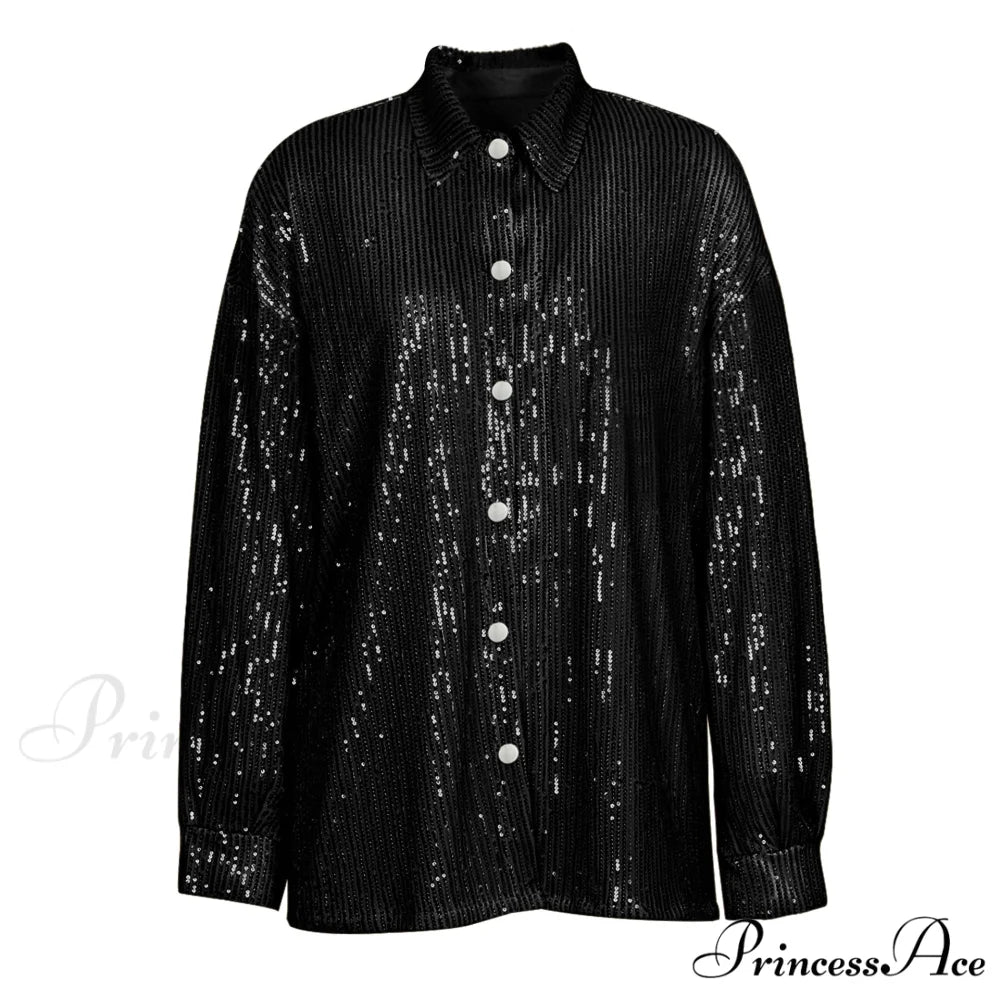 Top Sequin Blouse Sparkly and Pants Women Party Blouse Set Suit Two-Piece for - Outfit Black Shirt / S