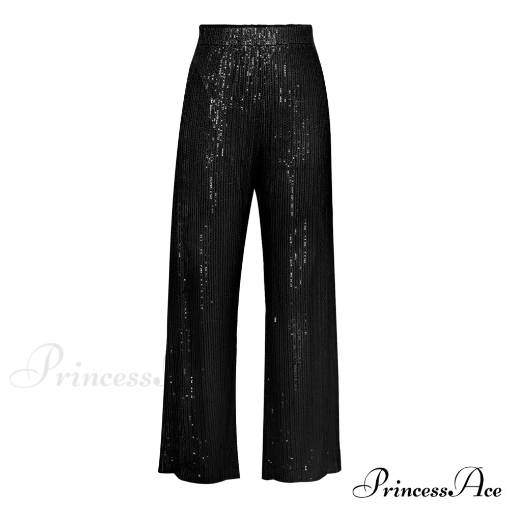 Top Sequin Blouse Sparkly and Pants Women Party Blouse Set Suit Two-Piece for - Outfit Black Trousers / S