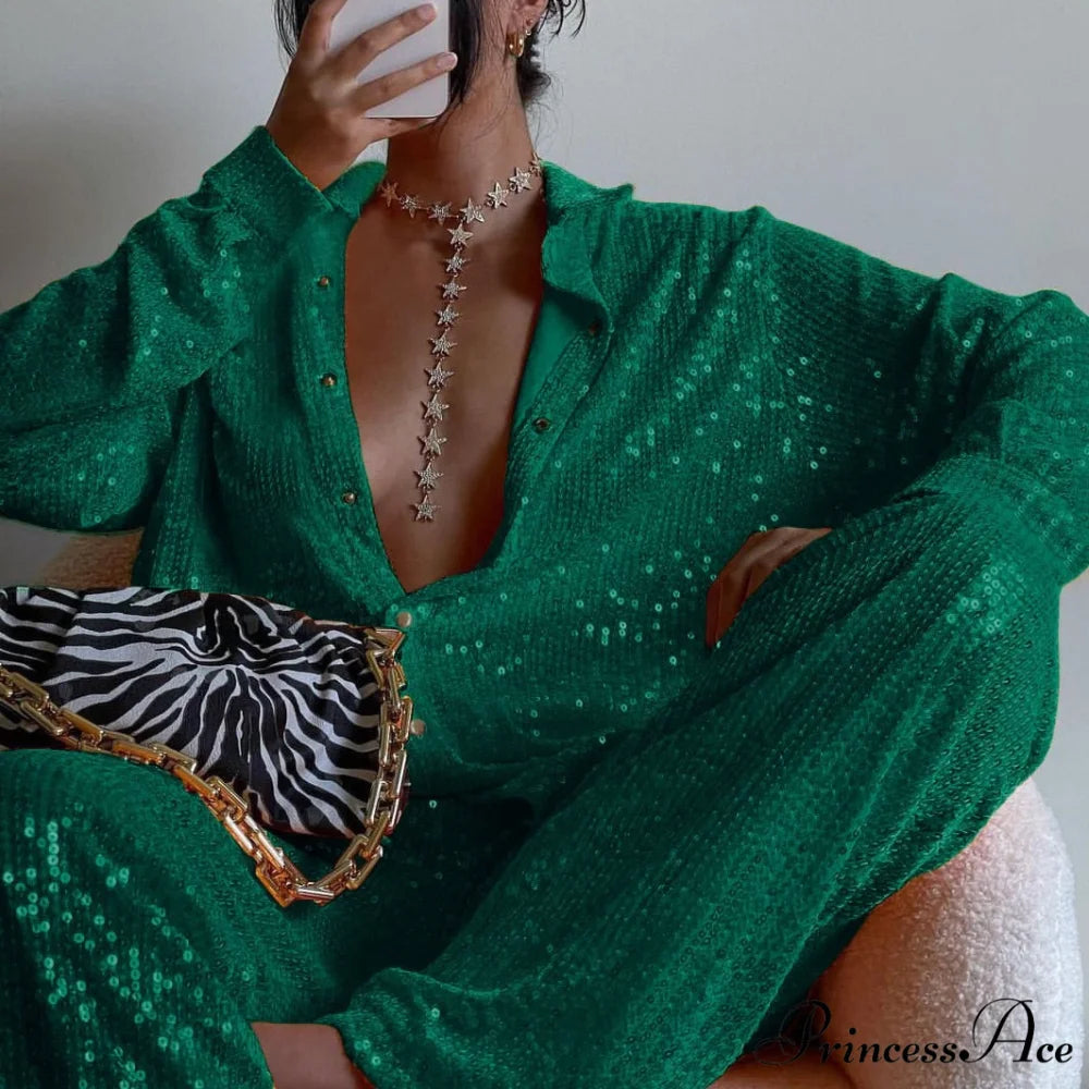 Top Sequin Blouse Sparkly and Pants Women Party Blouse Set Suit Two-Piece for - Outfit Green Suit / S