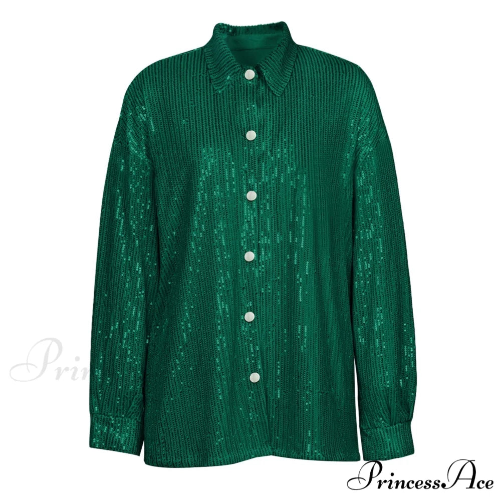 Top Sequin Blouse Sparkly and Pants Women Party Blouse Set Suit Two-Piece for - Outfit Green Shirt / S