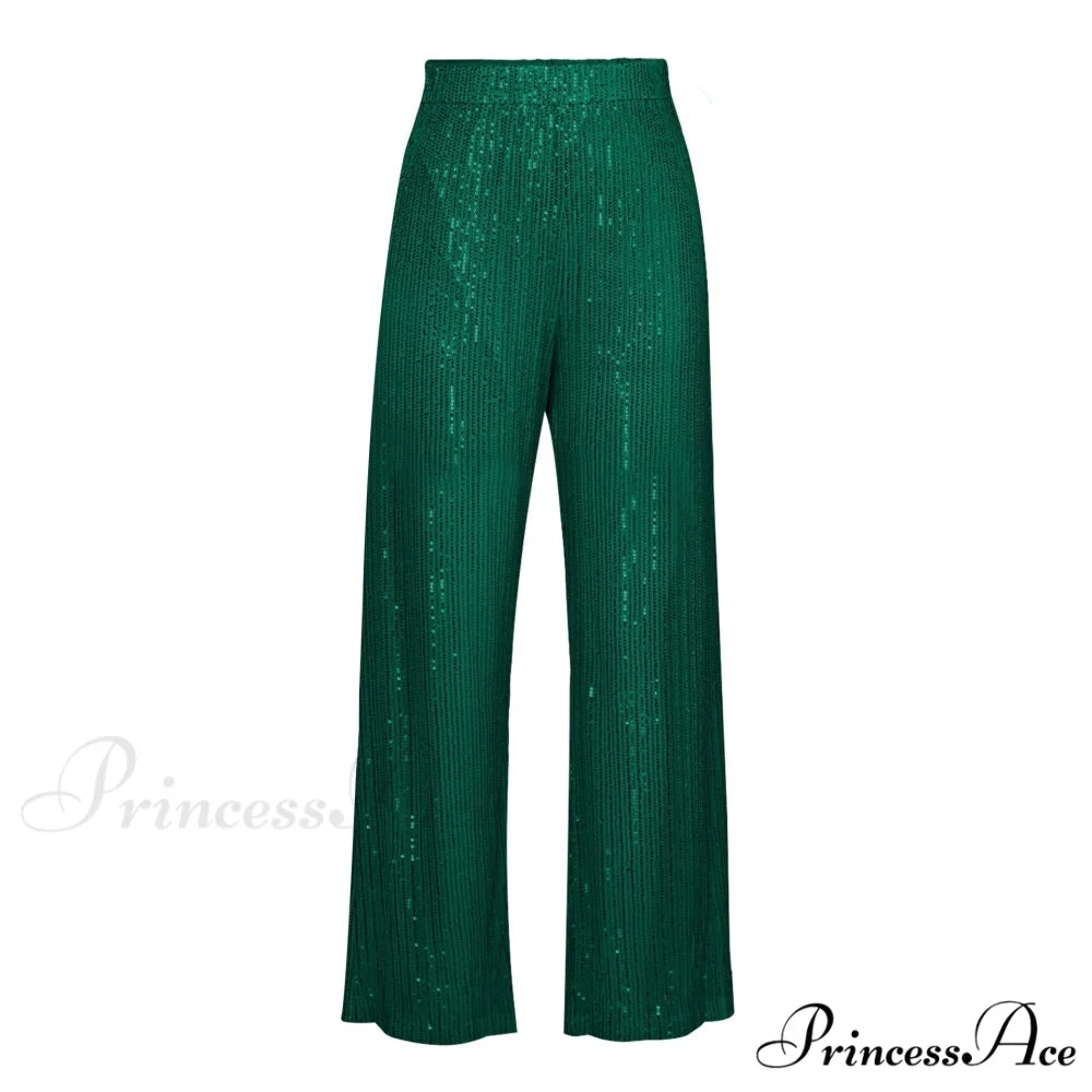 Top Sequin Blouse Sparkly and Pants Women Party Blouse Set Suit Two-Piece for - Outfit Green Trousers / S