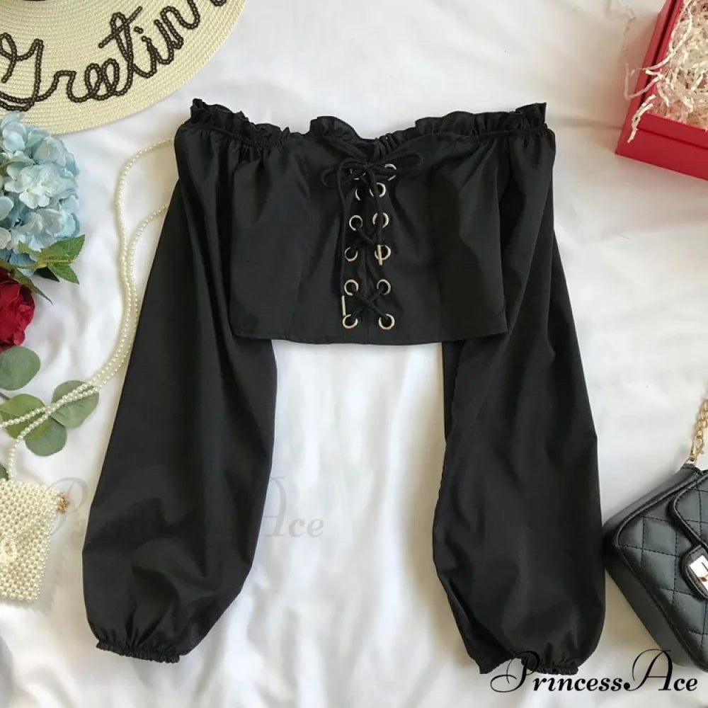 Top Sleeves Lace Ruffle Puff Tops Long Tops Crop Vintage Arm Up Bandage Blouse Shoulder Ladies Black Off With White