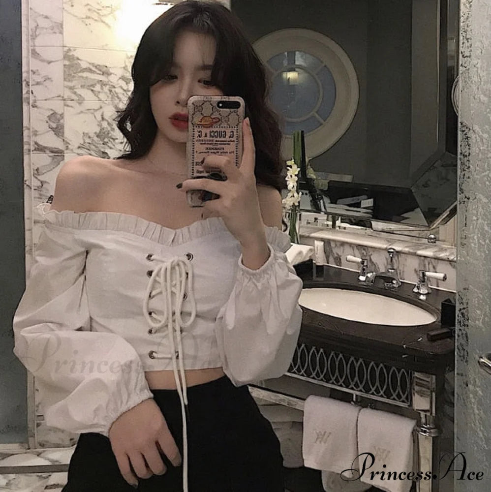 Top Sleeves Lace Ruffle Puff Tops Long Tops Crop Vintage Arm Up Bandage Blouse Shoulder Ladies Black Off With White One