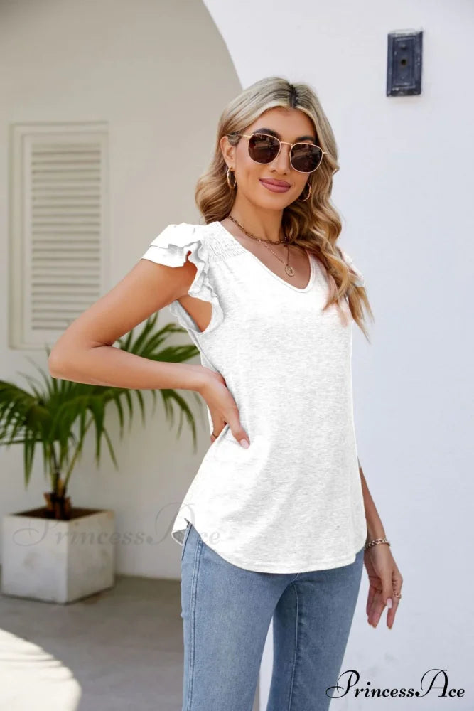 Top Smocked Flutter V-Neck with Arm Detail