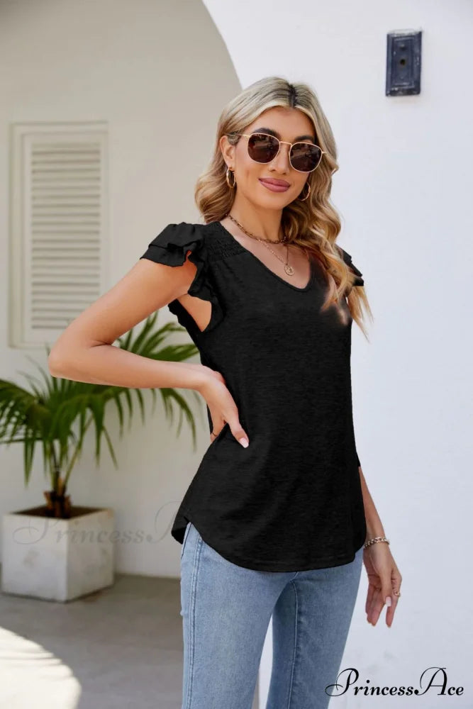 Top Smocked Flutter V-Neck with Arm Detail
