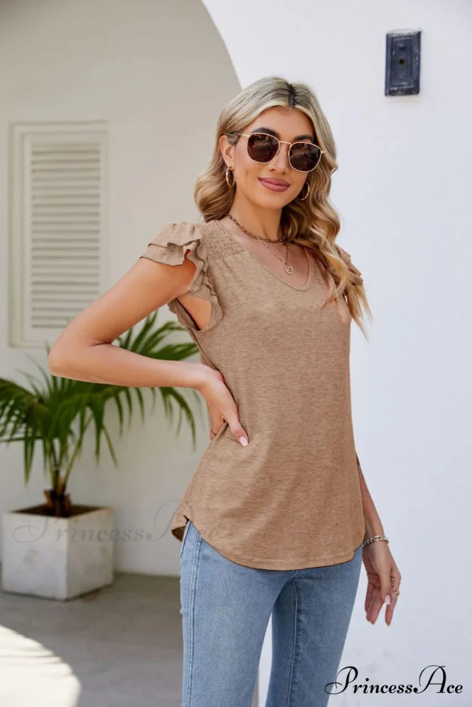 Top Smocked Flutter V-Neck with Arm Detail