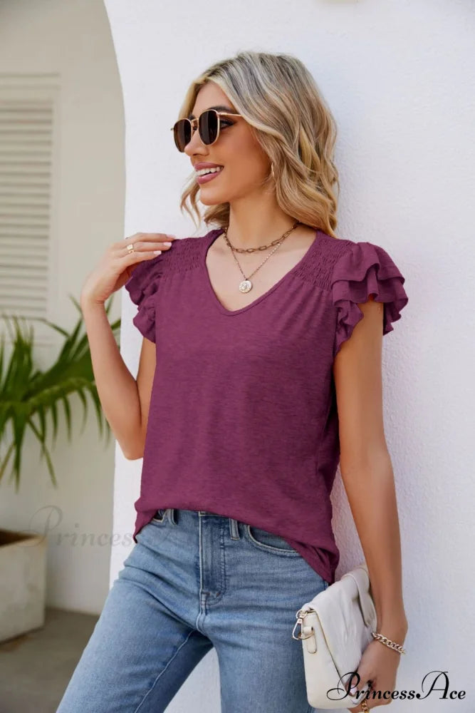 Top Smocked Flutter V-Neck with Arm Detail Plum / S