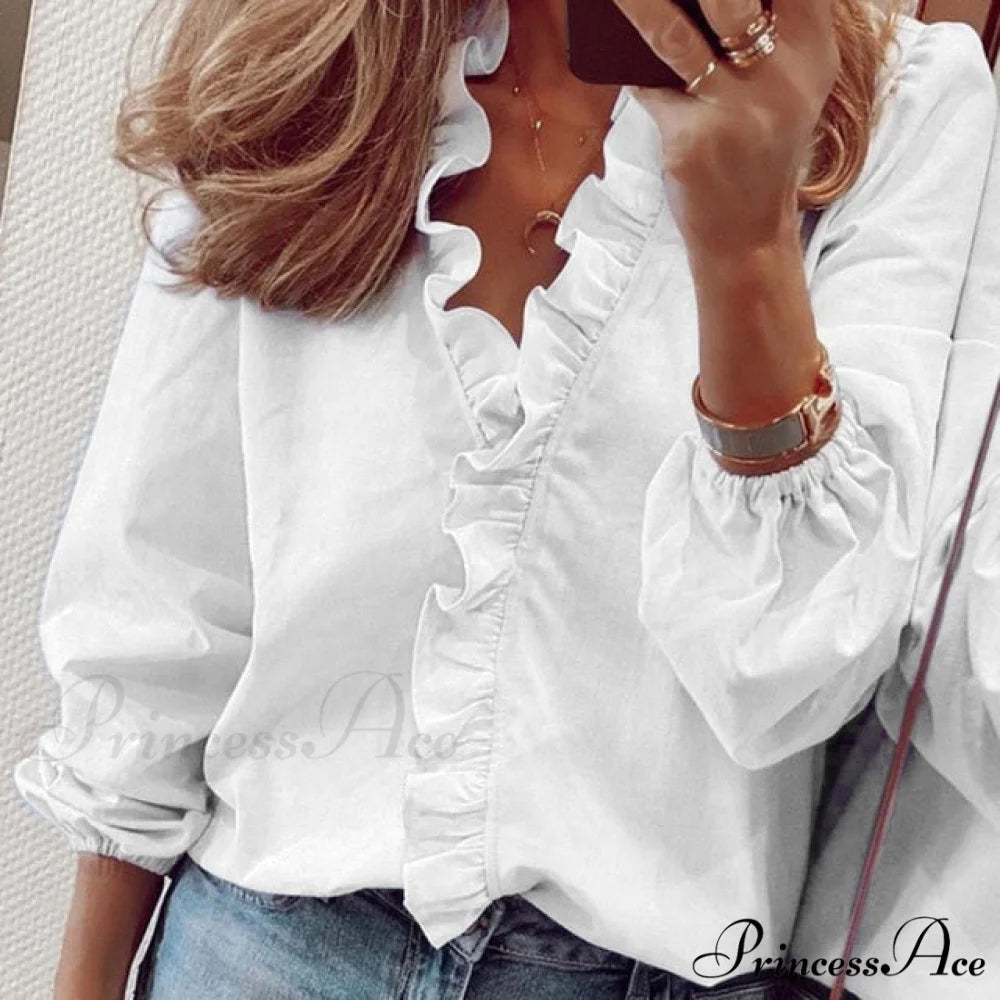 Top Solid Long Arm Blouse White Elegant Women’s Color Femme Chemise Streetwear S / White long