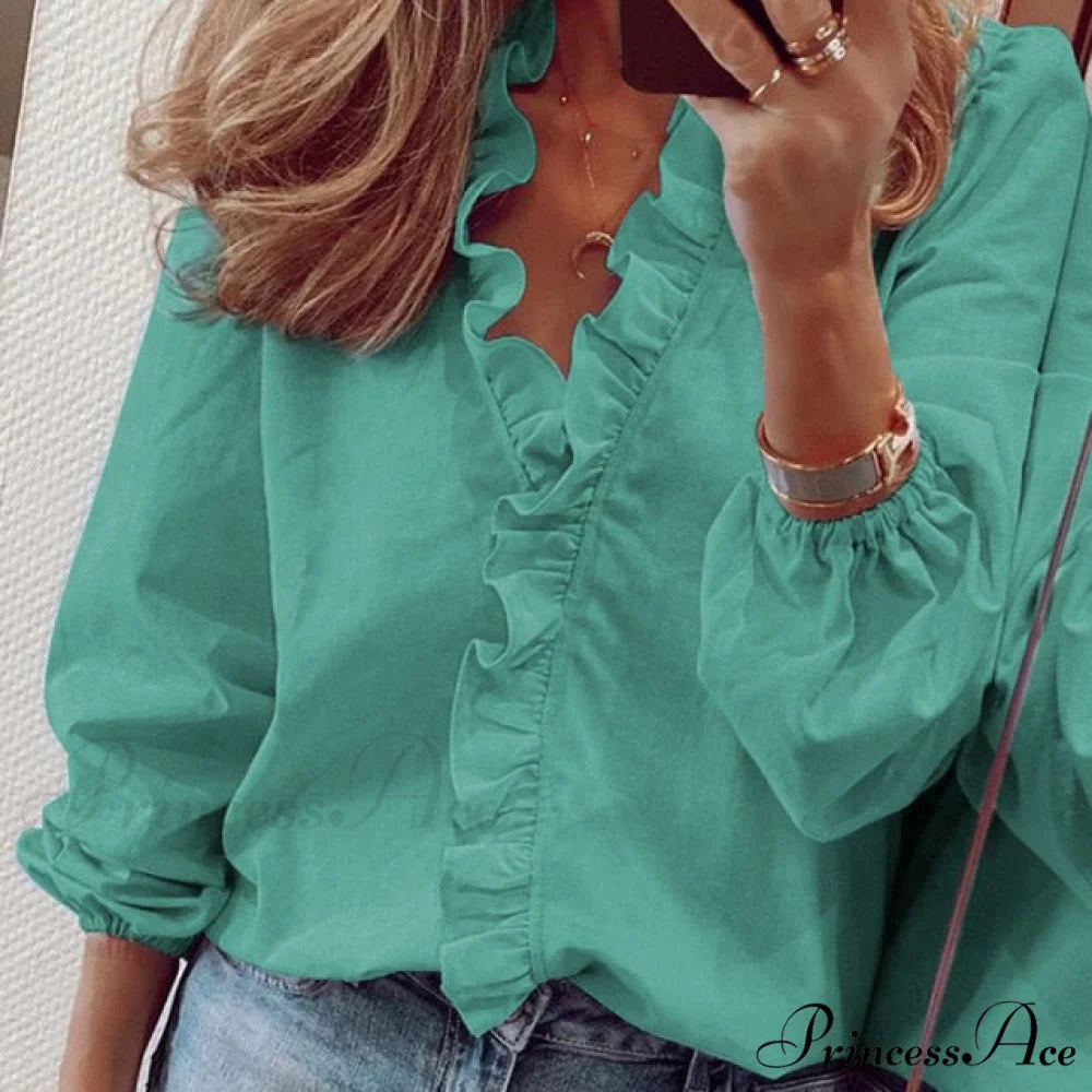 Top Solid Long Arm Blouse White Elegant Women’s Color Femme Chemise Streetwear S / Green long