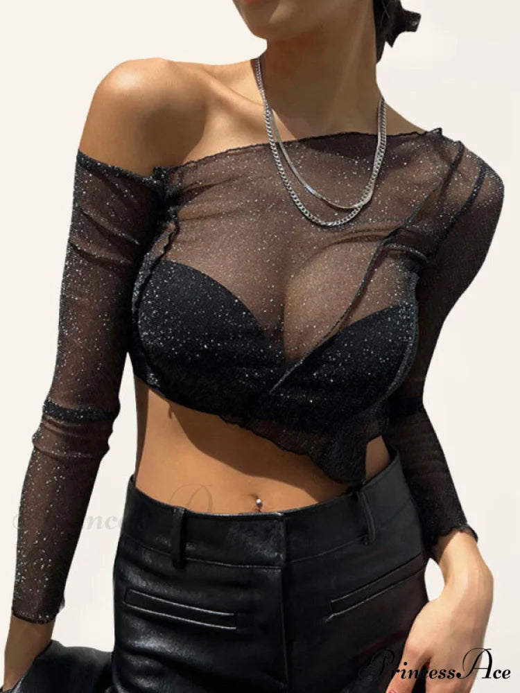 Top Solid Mesh Color for One-shoulder Sexy Crop Sheer Women Black / S