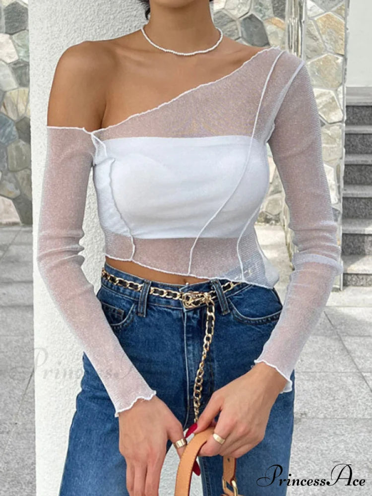 Top Solid Mesh Color for One-shoulder Sexy Crop Sheer Women White / S