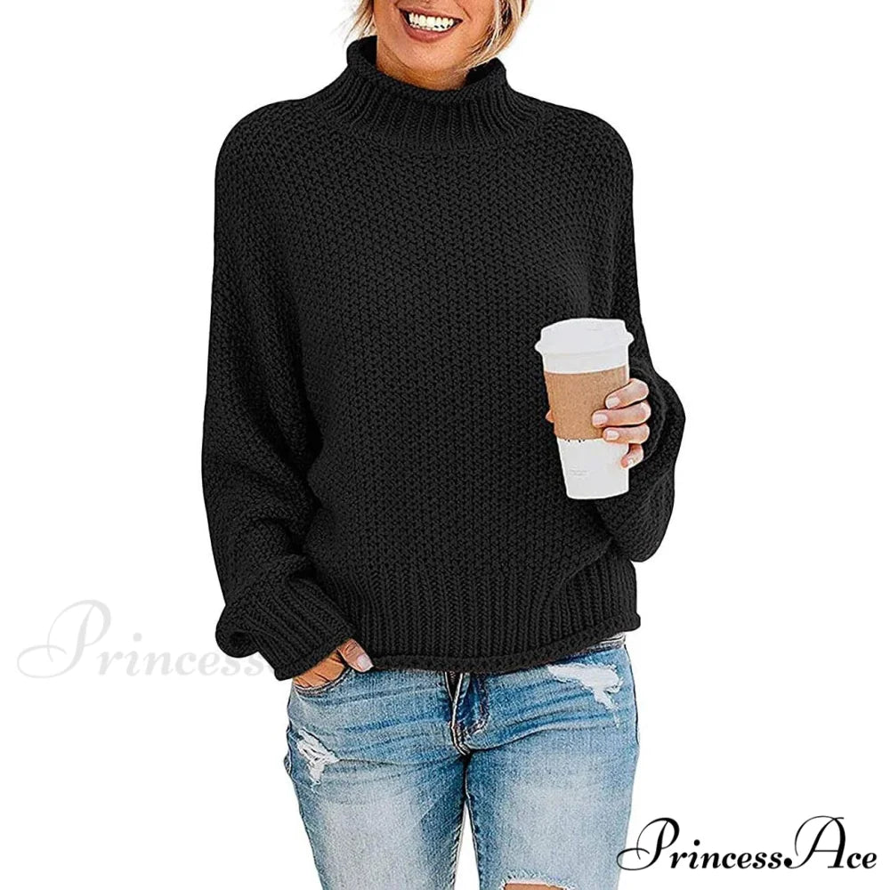 Tops Arm Oversized Knitted Sweater Batwing for Turtleneck Pullover Women Black / S