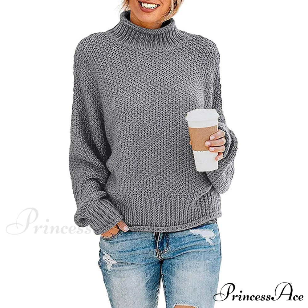 Tops Arm Oversized Knitted Sweater Batwing for Turtleneck Pullover Women Gray / S