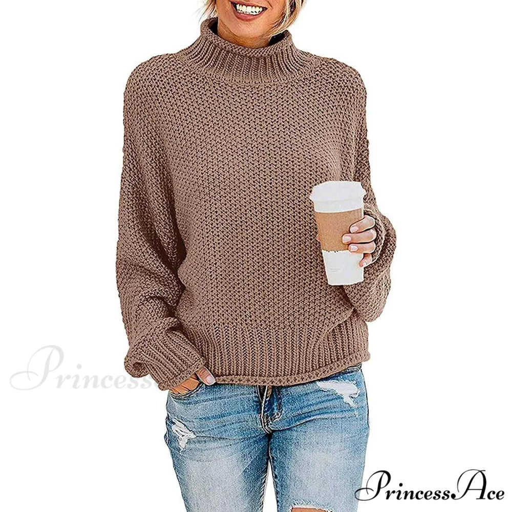 Tops Arm Oversized Knitted Sweater Batwing for Turtleneck Pullover Women Khaki / S