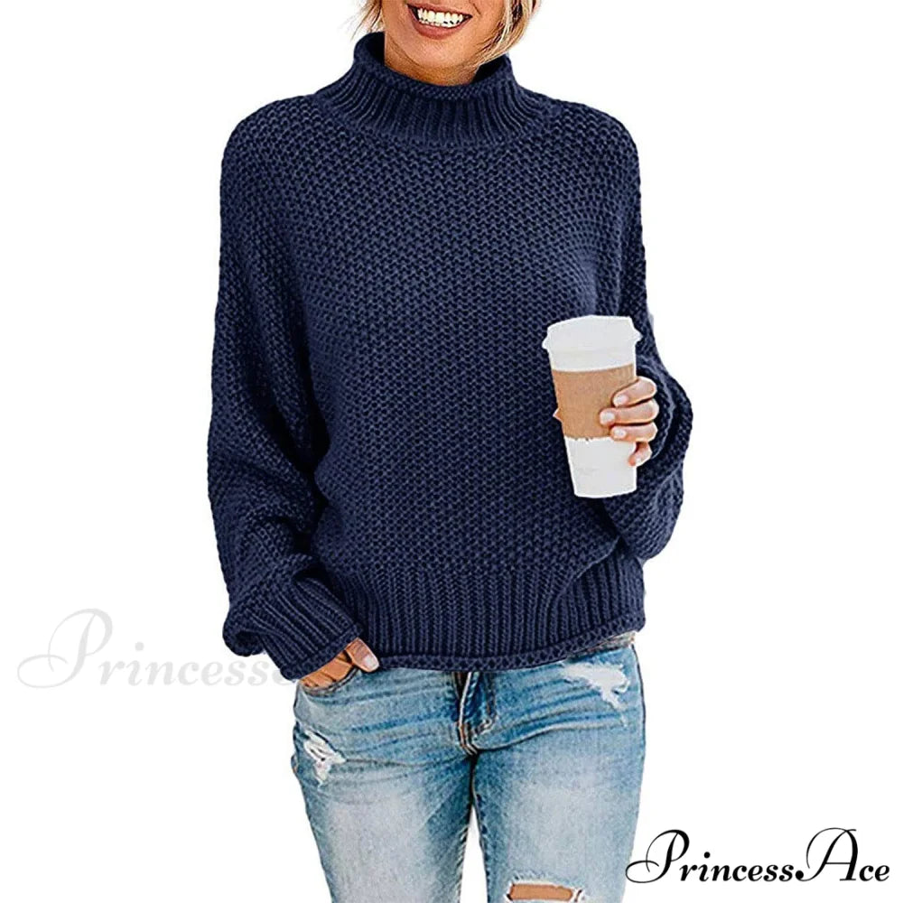 Tops Arm Oversized Knitted Sweater Batwing for Turtleneck Pullover Women Navy / S