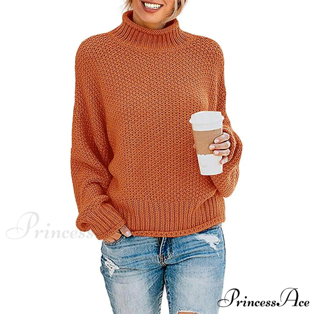 Tops Arm Oversized Knitted Sweater Batwing for Turtleneck Pullover Women Orange / S