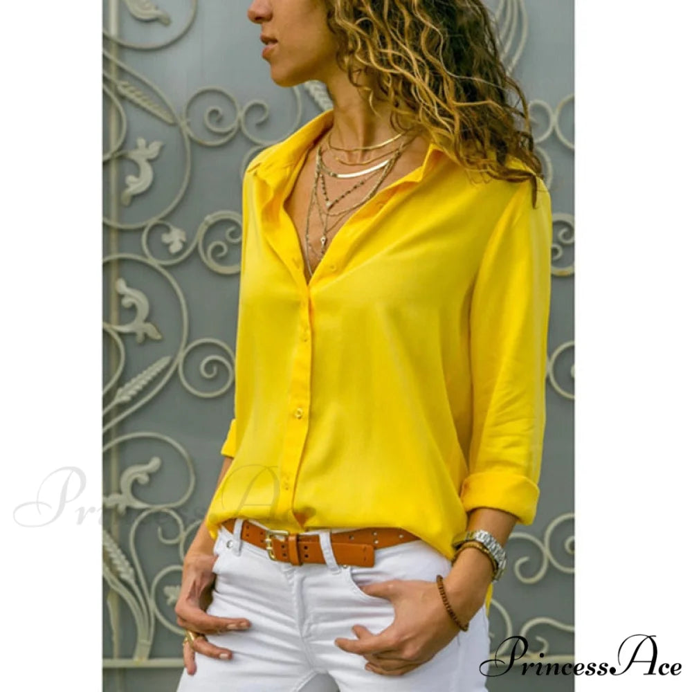Tops Female Office Warm-Season Blouse Women V-Neck Casual Solid Shirts Chiffon Regular Yellow / S