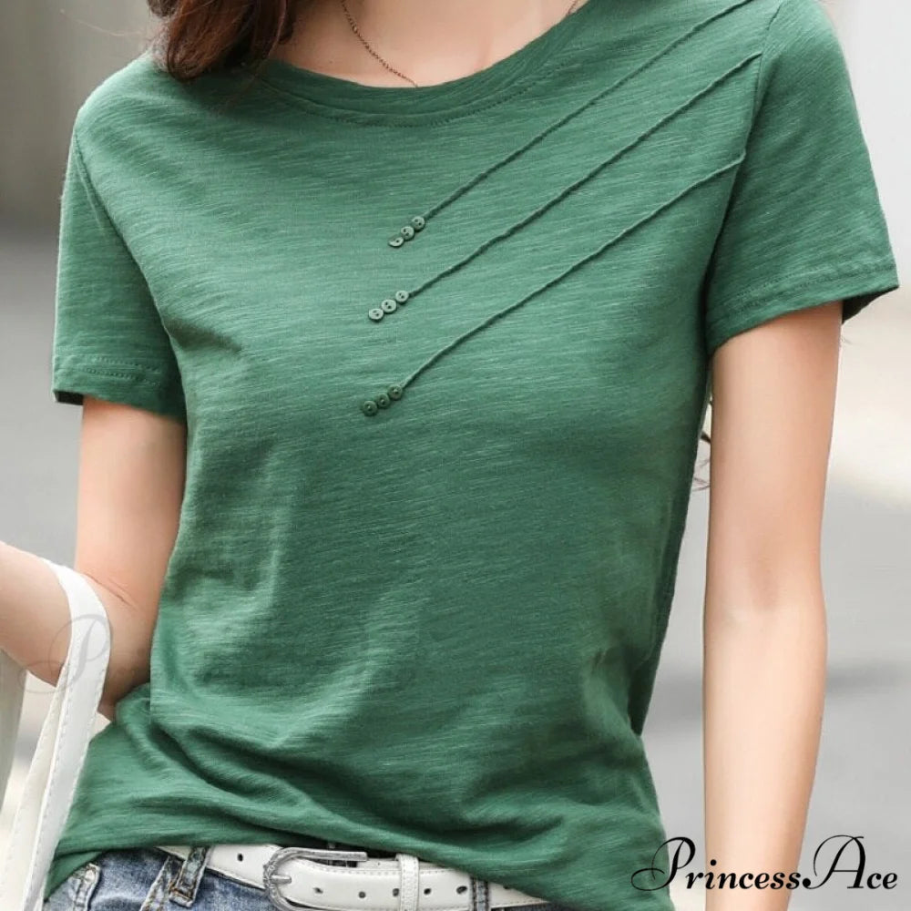 Tops Loose Tee-Shirts Blue Ribbed Warm-Season Cotton T-shirts Casual Button O-Neck Fashion Korea Women S-3XL
