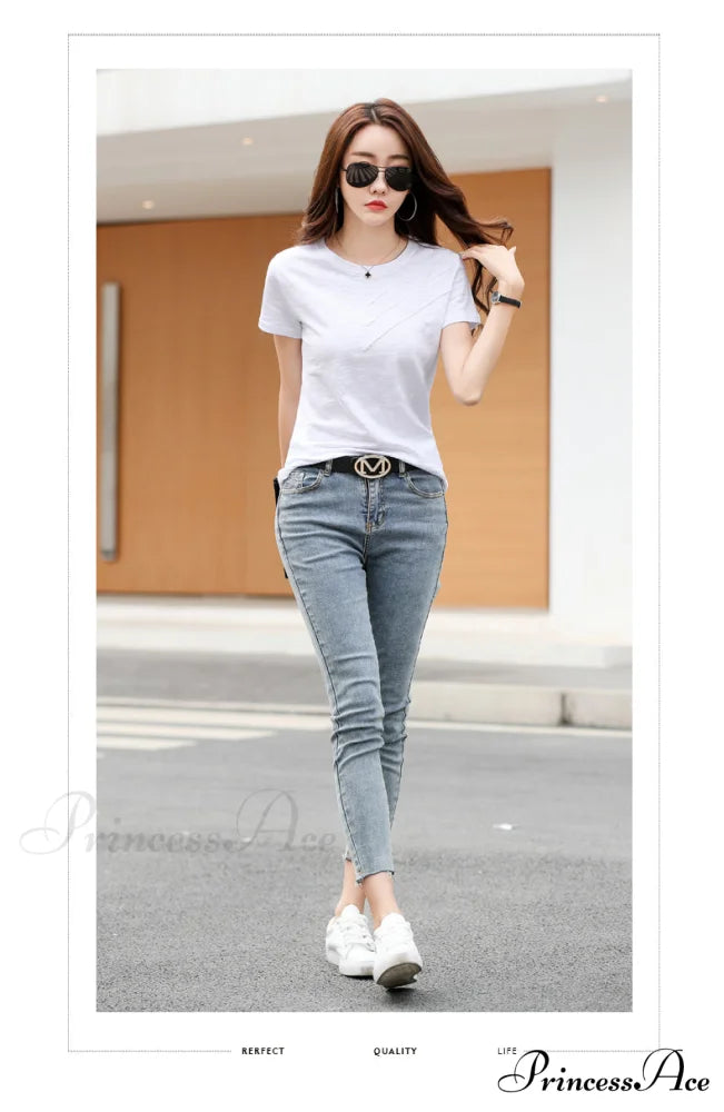 Tops Loose Tee-Shirts Blue Ribbed Warm-Season Cotton T-shirts Casual Button O-Neck Fashion Korea Women S-3XL